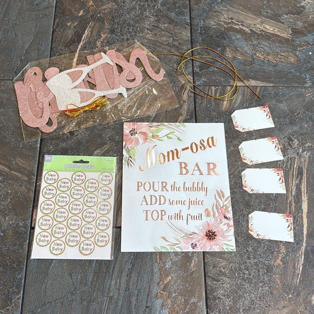 NEW Rose Gold 'But First Mimosas' Party Banner and new baby stickers - Picture 4 of 10